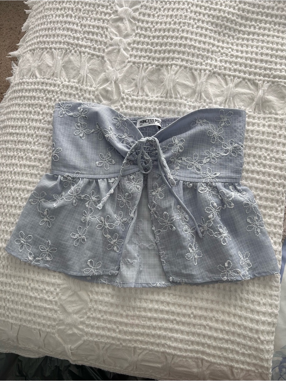 Princess Polly Light Blue Embroidered Tie-Front Bustier Top